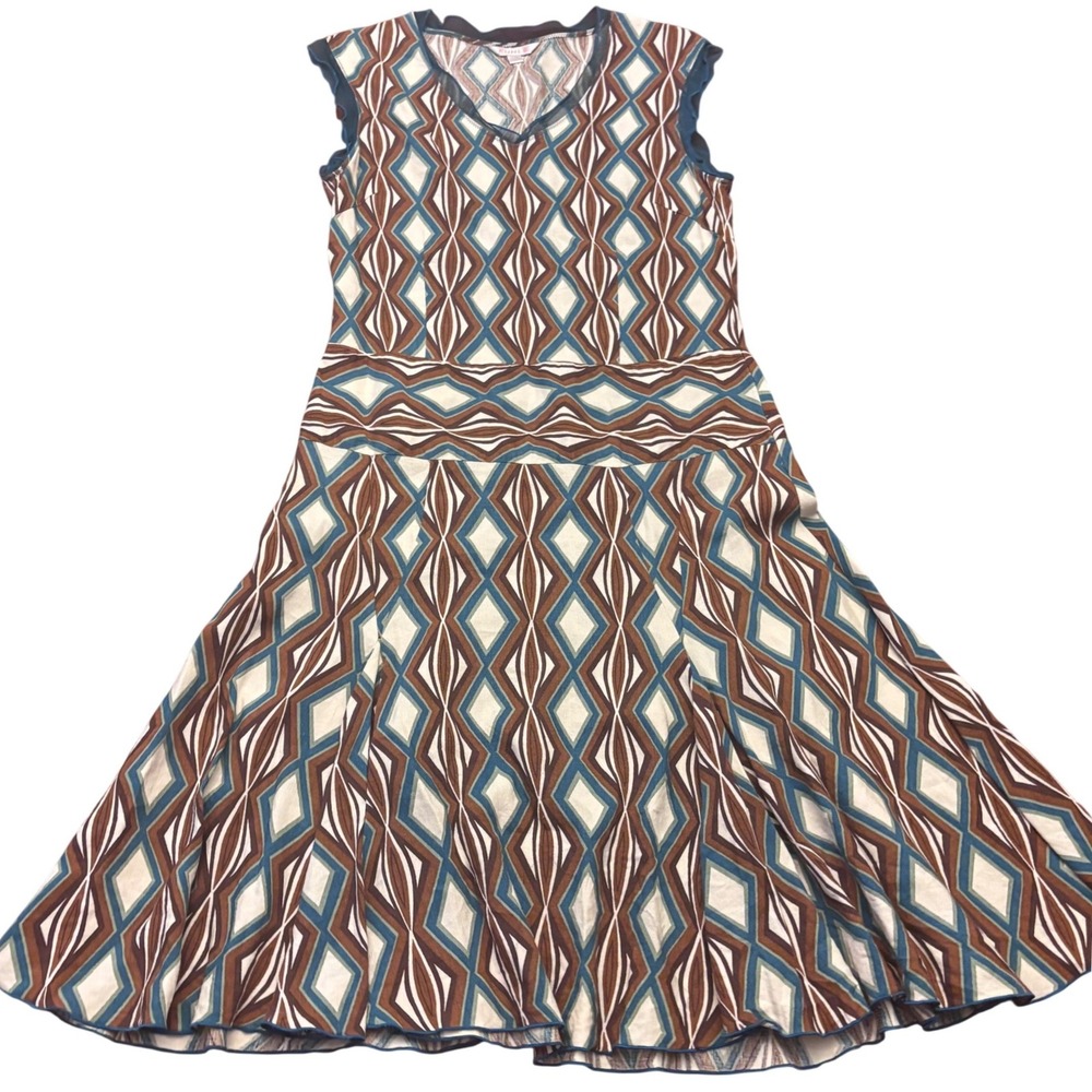 Kuhle | Women L | Geometric Print‎ | V-Neck Midi Dress | Teal Brown | Sleeveless